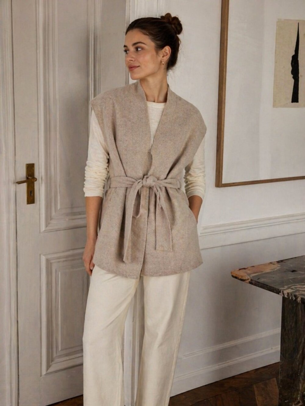 InWear Copenhagen Oatmeal Wool Blend Wrap Vest | Minimalist Luxe Layer | Belted